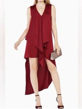 BCBGMaxAzria Wine Red Sleeveless High-Low Draped V-Neck Dress